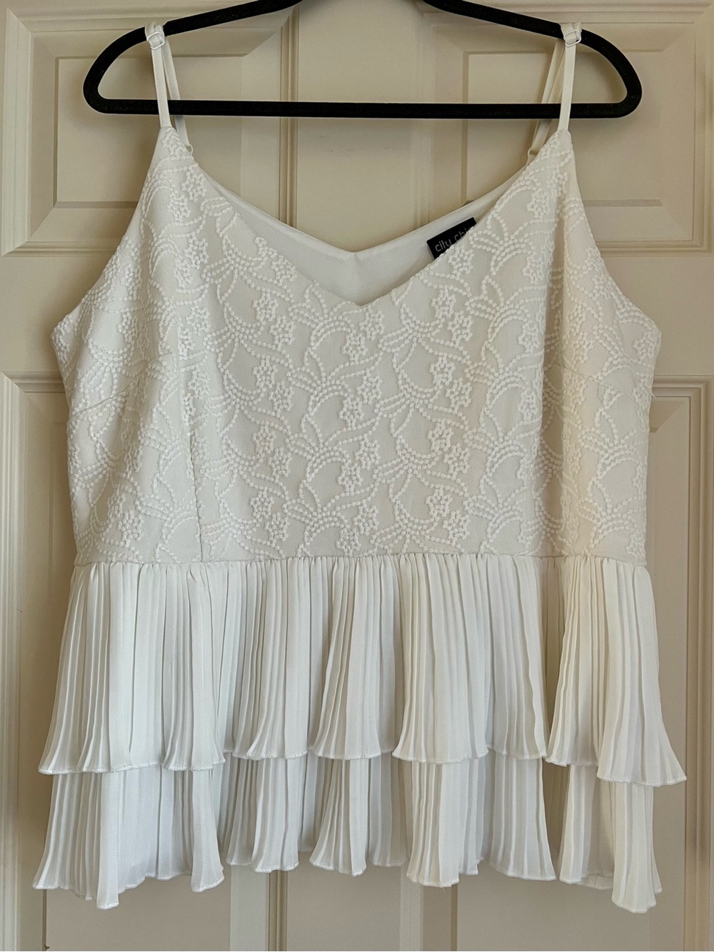 City Chic Ivory Embroidered V-Neck Spaghetti Strap Tiered, Pleated Top